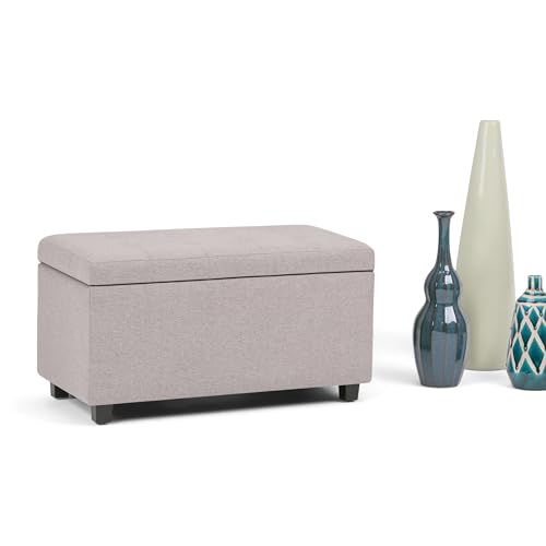 SIMPLIHOME Cosmopolitan Storage Ottoman - 34 inch Wide Upholstered Linen Look Fabric Rectangle Storage Ottoman Bench in Cloud Grey, Transitional Tufted Ottoman for Living Room with Lift-Up Lid - color: Cloud Grey