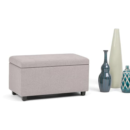 SIMPLIHOME Cosmopolitan Storage Ottoman - 34 inch Wide Upholstered Linen Look Fabric Rectangle Storage Ottoman Bench in Cloud Grey, Transitional Tufted Ottoman for Living Room with Lift-Up Lid - color: Cloud Grey