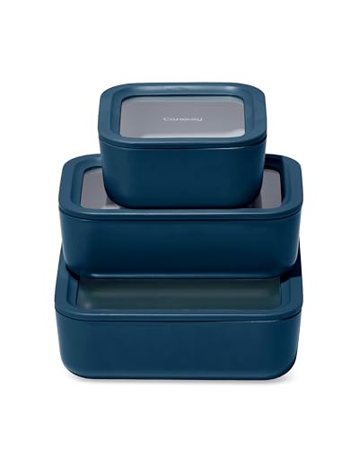 Caraway 3pc Glass Food Storage Set – 10 Cup, 6.6 Cup, & 4.4 Cup Food Containers - Ceramic Coated - Non Toxic Non Stick Lunch Box with Glass Lids - Dishwasher, Oven, & Microwave Safe - Navy - color: Navy, size: Food Storage Set (3x)