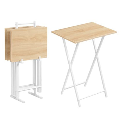 HOOBRO Folding TV Tray Tables, Set of 4 TV Trays with Storage Rack, Industrial Side Table for Eating at Couch, Foldable Snack Table for Small Space, Easy Assembly, Natural and White, WN50BZ01 - color: Natural + White