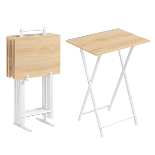 HOOBRO Folding TV Tray Tables, Set of 4 TV Trays with Storage Rack, Industrial Side Table for Eating at Couch, Foldable Snack Table for Small Space, Easy Assembly, Natural and White, WN50BZ01 - color: Natural + White