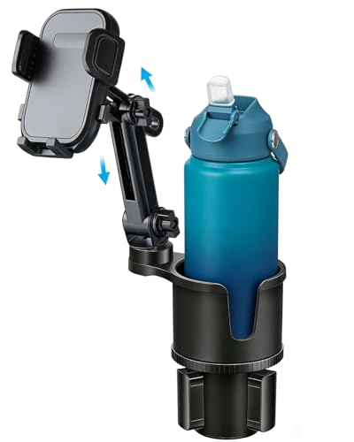 Cup Phone Holder for Car with Expandable Base, 2 in 1 Height-Adjustable Dual Cell Phone Holders Car Cupholder Mount, Friendly Fit Large Bottle & iPhone All Cellphone for Truck SUV | No Shake Design - color: Gray