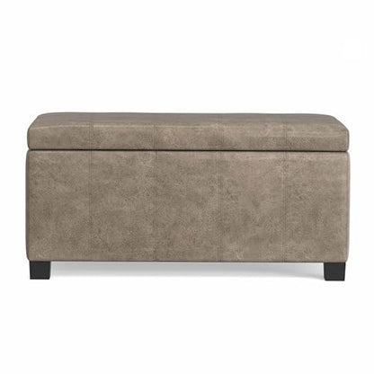 SIMPLIHOME Dover Storage Ottoman Bench - 36 inch Wide Upholstered Vegan Leather Rectangular Lift-Top Ottoman in Distressed Smoky Grey Brown, Contemporary Bench for Living Room with Safety Hinges - color: Distressed Smoky Grey Brown