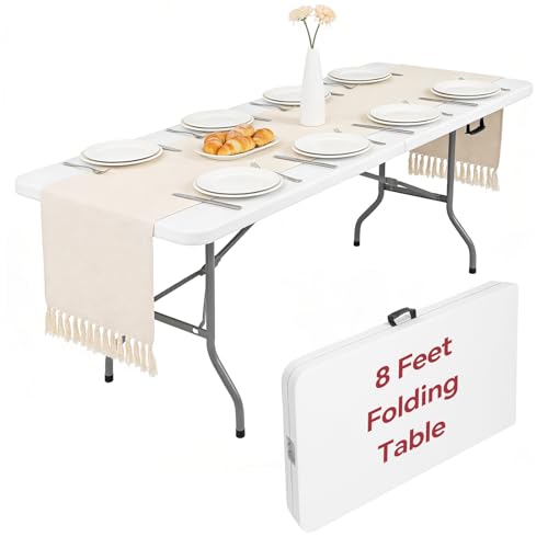 8 Foot Folding Table Portable, 8FT Folding Dining Table for Indoor Outdoor, Heavy Duty Fold-in-Half Plastic Long Large Rectangular Utility Card Tables for Picnic Camping Party, 95x29 inch - size: 8 FT