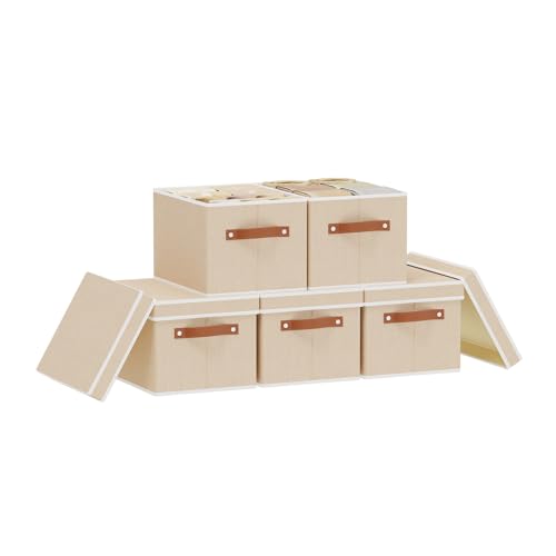 Storage Boxes with Lids, 10.2×7.8×6.7 Inch Storage Baskets, Closet Organizers for Shelves Organizing with Handles, Beige, 5-Pack - color: Beige, size: Narrow（5 Pack）
