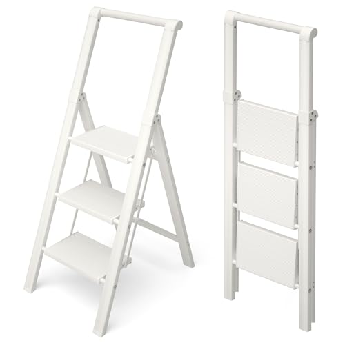 HillhutApex 3 Step Foldable Aluminum Step Ladder with Handgrip, Anti-Slip Pedal, 330 lbs Capacity, Lightweight & Portable for Home, Kitchen, Office, Garage (White) - color: White, size: 3 Step With Handrail