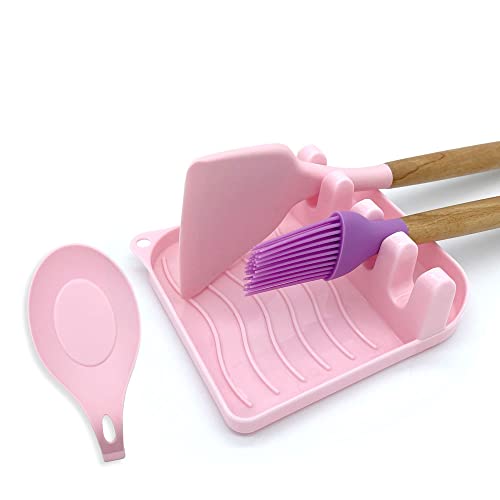 2 Pack Multiple Utensil Spoon Rest with Drip Pad Non-Slip Heat Resistant Kitchen and Grill Spoon Holder for Spatula, Ladle, Tongs, Kitchen Gadgets, and Cooking Accessories (Cute Pink) - color: Cute Pink