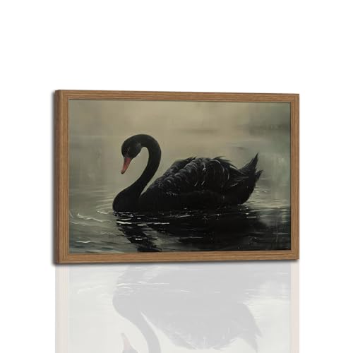 Framed Swan Wall Art, swans swimming on a lake Vintage Black Swan Canvas Printing, Gothic Dark Academia Decor, Victorian Rustic Farmhouse Animal Print Picture for Living Room Bedroom 16x24In - color: Black Swan Retro, size: 16x24 Inches