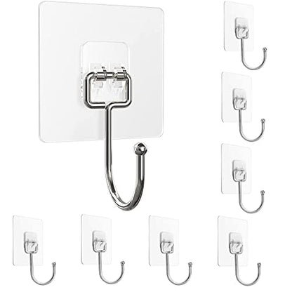 Large Adhesive Hooks 22Ib(Max),Waterproof and Rustproof Wall Hooks for Hanging Heavy Duty,Stainless Steel Towel and Coats Hooks to use Inside Kitchen Bathroom Home and Office 8 Pack (Transparent)