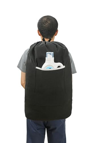 Canvas Laundry bag, Washable Laundry backpack, Adjustable Straps, Large Front Pocket, Drawstring Closure (BLACK, X-Large) - color: BLACK, size: X-Large