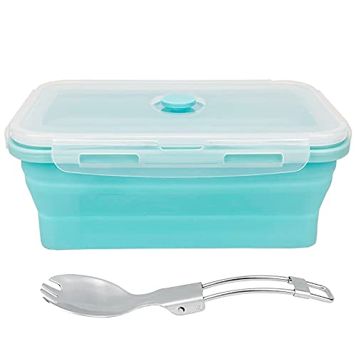 CARTINTS Large Collapsible Camping Food Containers, 1200ml Silicone Lunch Container, Microwave Safe Reusable Meal Prep Container For Indoor&Outdoor Kitchen With Foldable Spoon, Blue