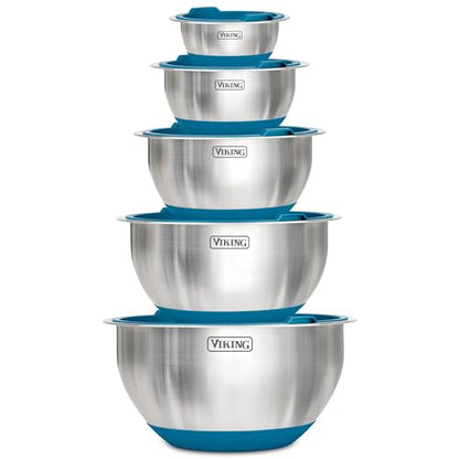 Viking Mixing Bowls Set, 10 Piece Stainless Steel Kitchen Cookware, Non-Slip Silicone Base, Includes Tight Fit Lids, Dishwasher Safe, Teal - color: Teal
