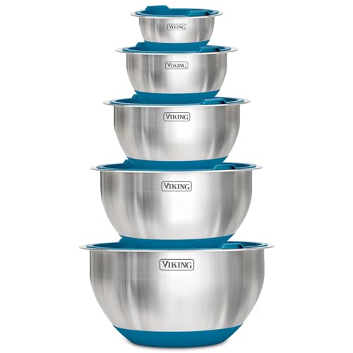 Viking Mixing Bowls Set, 10 Piece Stainless Steel Kitchen Cookware, Non-Slip Silicone Base, Includes Tight Fit Lids, Dishwasher Safe, Teal - color: Teal