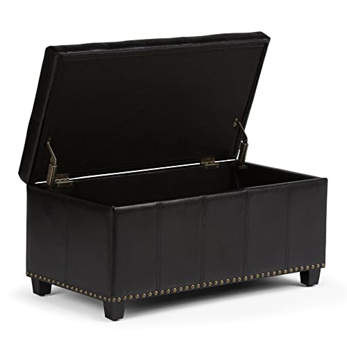 SIMPLIHOME Amelia Storage Ottoman - 33 inch Wide Vegan Leather Rectangle Storage Ottoman Bench in Midnight Black, Transitional Ottoman for Living Room with Nailhead Trim and Lift-Up Lid - color: Midnight Black
