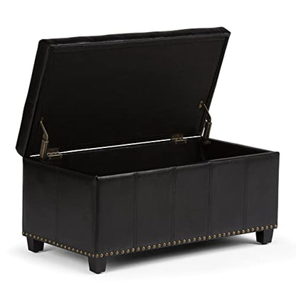 SIMPLIHOME Amelia Storage Ottoman - 33 inch Wide Vegan Leather Rectangle Storage Ottoman Bench in Midnight Black, Transitional Ottoman for Living Room with Nailhead Trim and Lift-Up Lid - color: Midnight Black
