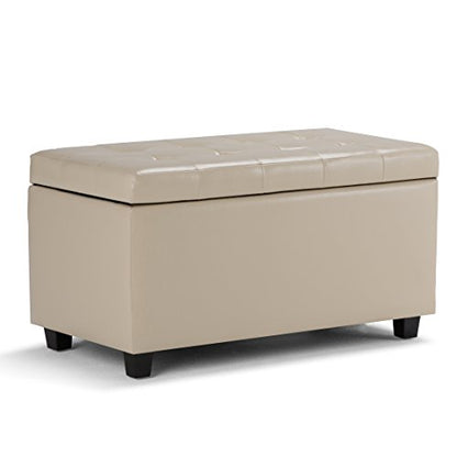 SIMPLIHOME Cosmopolitan Storage Ottoman - 34 inch Wide Upholstered Vegan Leather Rectangle Storage Ottoman Bench in Satin Cream, Transitional Tufted Ottoman for Living Room with Lift-Up Lid - color: Satin Cream