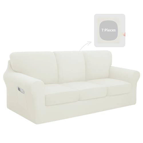 Easy-Going 7 Pieces Stretch Couch Cover Washable Sofa Cover Set for 3 Backrest and Seat Cushion Couch Anti-Slip Sofa Slipcover Furniture Protector with Elastic Bottom (X-Large, Ivory) - color: Ivory, size: X-Large