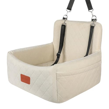 WOOAIDAGG Dog Car Seat for Under 30lbs Dogs,Comfy Febric Fill in Memory Foam,Washable and Detachable Pet Travel Car Bed,Anti-Slip Bottom,2 Safety Leashes & Storage Pockets(Beige) - color: Beige