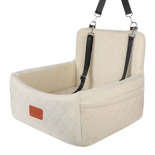 WOOAIDAGG Dog Car Seat for Under 30lbs Dogs,Comfy Febric Fill in Memory Foam,Washable and Detachable Pet Travel Car Bed,Anti-Slip Bottom,2 Safety Leashes & Storage Pockets(Beige) - color: Beige