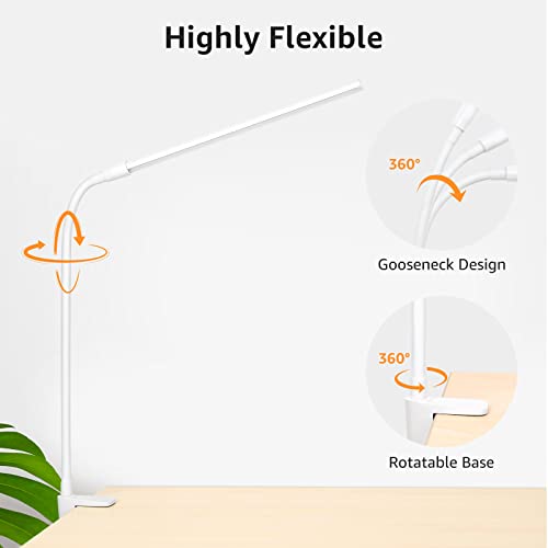 Lepro Small Desk Lamp with Clamp, LED Reading Lamps with 450LM, 3 Color Modes 10 Brightness, Dimmable USB Clip on Desk Light with Gooseneck Swing Arm for Nail, Home Office and Dorm (White) - color: White