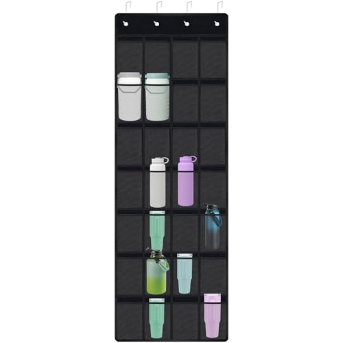 NiHome 28-Pocket Over-the-Door Organizer Fit for Stanley Cups, Large Tumblers, Water Bottles, Travel Mugs, Lids, Space-Saving Elastic Mesh Bottle Holder for Kitchen, Pantry, RV, Cabinet Doors (Black) - color: Black, size: 66.2" x 22"