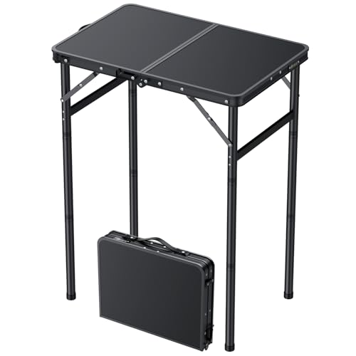 Portable Folding Camping Table 3-Level Height Adjustable Picnic Table with Aluminum Frame and Carry Handle, Lightweight Small Foldable Outdoor Side Table for Camping Travel Beach Hiking RV Indoor Use