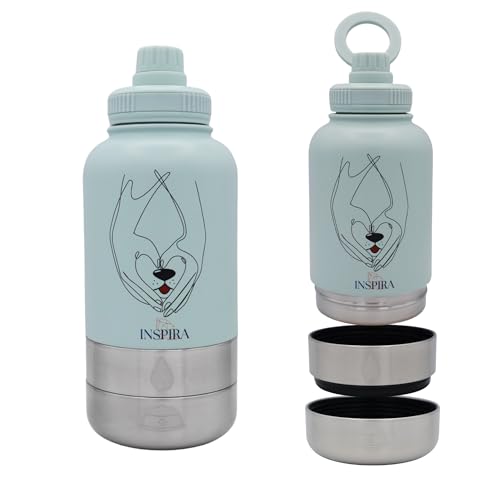 INSIPRA 32oz Dog Water Bottle with Food & Water Bowls – 3-in-1 Portable Pet Travel Bottle with Magnetic Phone Holder, Leakproof, BPA Free, Insulated (Blue) - color: BLUE