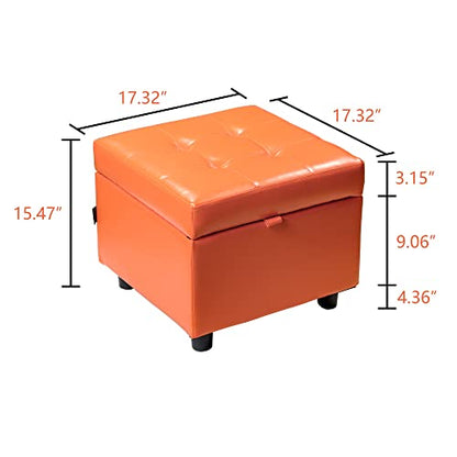 H&B Luxuries Tufted Leather Square Flip Top Storage Ottoman Cube Foot Rest - color: Orange With Storage