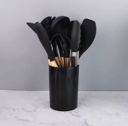 Silicone Kitchen Utensil Set with Wooden Handles – 12 Pieces + Holder, Heat Resistant, Non-Stick Cooking Tools (Multiple Colors (black) - color: Black