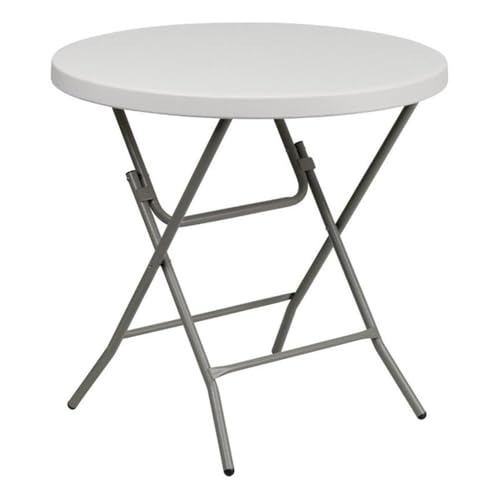 BOWERY HILL Round Folding Table, 31.5 in Diameter, Metal/Plastic, Granite White Finish, Non-Locking Legs, Waterproof and Stain Resistant, Compact Portable Table for RV, Camper, Outdoor Dining