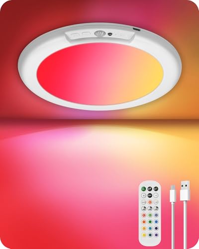 Motion Sensor Rechargeable Shower Light for Inside Shower with Remote, RGBW Battery Operated Ceiling Light, Wireless, Color-Changing Ambient Light, Warm-to-Cool Whites, Dimmable, Timer, Magnetic - style: RGB Color & White