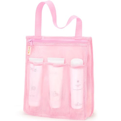 famichan Mesh Shower Caddy Portable, Gym Travel Camp Dorm Room Essentials for Women and College Girl, Pink Bathroom Shower Bag - color: Pink