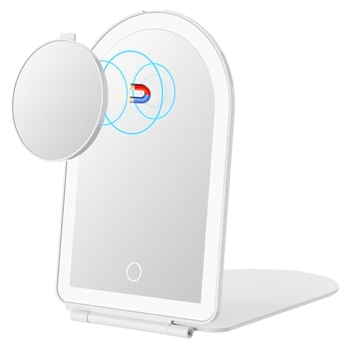 FUNTOUCH Rechargeable Travel Makeup Mirror with Lights,Portable Lighted Compact Mirror with Small 10X Magnification,3 Color Lighting, Dimmable Touch Screen, Tabletop LED Folding Cosmetic Vanity Mirror - color: Milky White