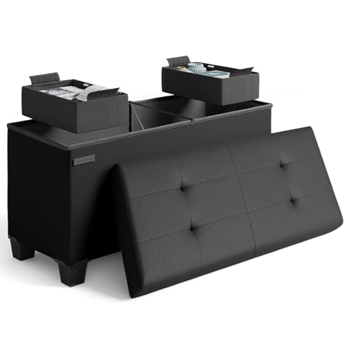 Storage Ottoman Bench with Bins, 30-in Storage Bench for Bedroom End of Bed, Folding Foot Rest Ottoman for Living Room Max 660lbs, Faux Leather Ottomans, Black - color: 04 - Black