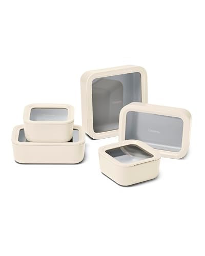 Caraway 13pc Glass Food Storage Container Set - Easy to Store, Non Toxic Lunch Box - with Glass Lids - Includes Storage Organizer - Cream - color: Cream, size: Food Storage Set (13x)