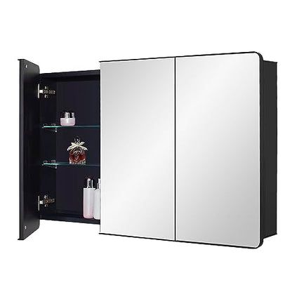 IDYLLOR Black Bathroom Medicine Cabinet with Round Corner Framed Door, 40 x 25.5 inch, Recessed or Surface Mount, with Adjustable Glass Shelves - size: 40 x 25.5 inch