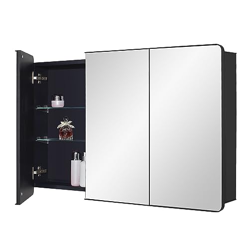 IDYLLOR Black Bathroom Medicine Cabinet with Round Corner Framed Door, 40 x 25.5 inch, Recessed or Surface Mount, with Adjustable Glass Shelves - size: 40 x 25.5 inch