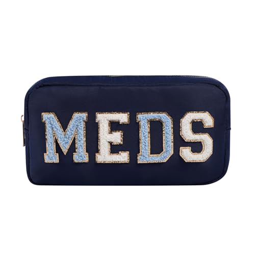 Chenille Letter Patch Nylon Medicine Packages,Cute MEDS Travel Makeup Bag with Metal Zipper, First Aid Purse Organizer Cosmetic Bag for Women and Girls(03Navy) - color: 03Navy