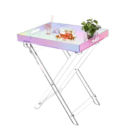 Acrylic Folding Tray Table, Rainbow Color Acrylic Coffee Table, Iridescent Side Table Modern Accent Square End Table for Coffee, Drink, Food, Snack for Living Room & Bedroom