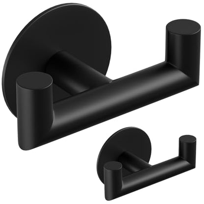 GWAAZXGZ 2 Pack Black Bathroom Hooks for Towels - Self Adhesive Double Hooks for Wall, No Drilling, Matte Finish, Strong Hold for Robes, Coats, Shower Use - color: Black
