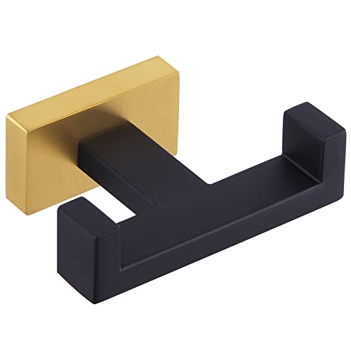 Angle Simple Double Towel Hook Black & Gold, Stainless Steel Bathroom Towel Holder, Coat Robe Hook Wall Mount - color: Black & Gold, size: 1 Pack