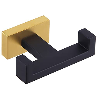 Angle Simple Double Towel Hook Black & Gold, Stainless Steel Bathroom Towel Holder, Coat Robe Hook Wall Mount - color: Black & Gold, size: 1 Pack