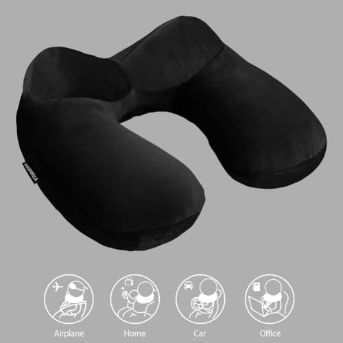 Inflatable Travel Pillow, Soft Velvet Inflatable Neck Pillow for Traveling, Airplanes, Train, Car, Office with Compact Bag, Breathable Washable Cover, Suit for Adults Sleeping - Black - color: Premium Black