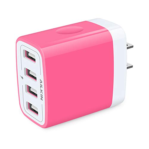 Wall Charger, USB Charger Adapter, 4.8A 4Multi Port Fast Charging Station | Power Base Block Plug Cube Brick for iPhone, iPad, Samsung Galaxy, Moto, Google Pixel, Kindle Fire Plug Cargador Carro - color: Pink
