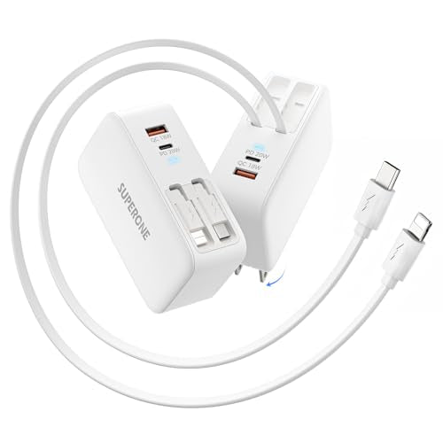 SUPERONE Retractable iPhone Charger, 4-Port USB C Charger Block, iPhone Chargers Fast Charging with USB C & Apple Cable, Wall Chargers for iPhones 17/16/15/14/13/12/11 Series, Pad, Samsung, Pixel - color: White, size: 1 Type-C & Apple Cables