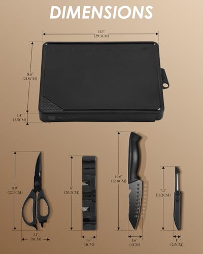 Mitsuharu 5 in 1 Camping Cutting Board Set with Santoku Knife,Separable Shears,Peeler & Slicing Knife and Sharpening Slots,Portable Camper Accessories Kitchen Set, Black