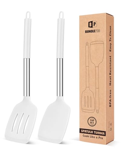 Pack of 2 Silicone Solid Turner, Non Stick Slotted Kitchen Spatulas, High Heat Resistant BPA Free Cooking Utensils, Ideal Cookware for Fish, Eggs, Pancakes(White) - color: White