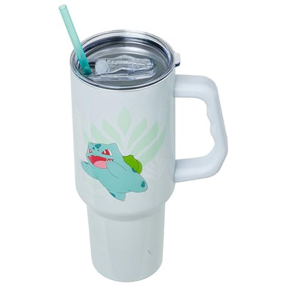 Silver Buffalo Pokémon Featuring Bulbasaur Double Walled Stainless Steel Tumbler with Handle and Straw, Fits in Standard Cup Holder, 40 Ounces - color: Bulbasaur Pokemon