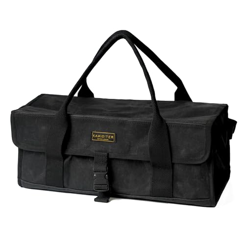 Flip Lid Camping Tool Bag, 15" Multi-Container Storage Soft Case, Water-Resistant Camping Tool Tote for Tent Stakes, Cooking Gear, Cutlery, Utensil, Flatware, Tea Kettle and Tools, Black - color: Black