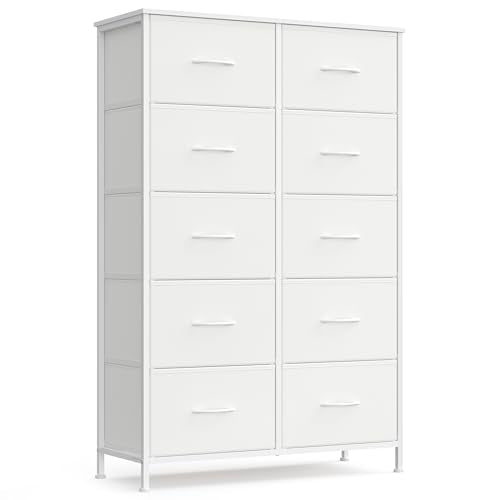 SONGMICS BELLAH Collection - Dresser for Bedroom, Chest of Drawers, Storage Organizer Unit, Closet, Entryway, Steel, 10 Drawers, Modern, Cloud White and Snow White ULGS125W01S - color: Cloud White + Snow White, size: 11.8"D x 30.2"W x 45.9"H (10 Drawers)